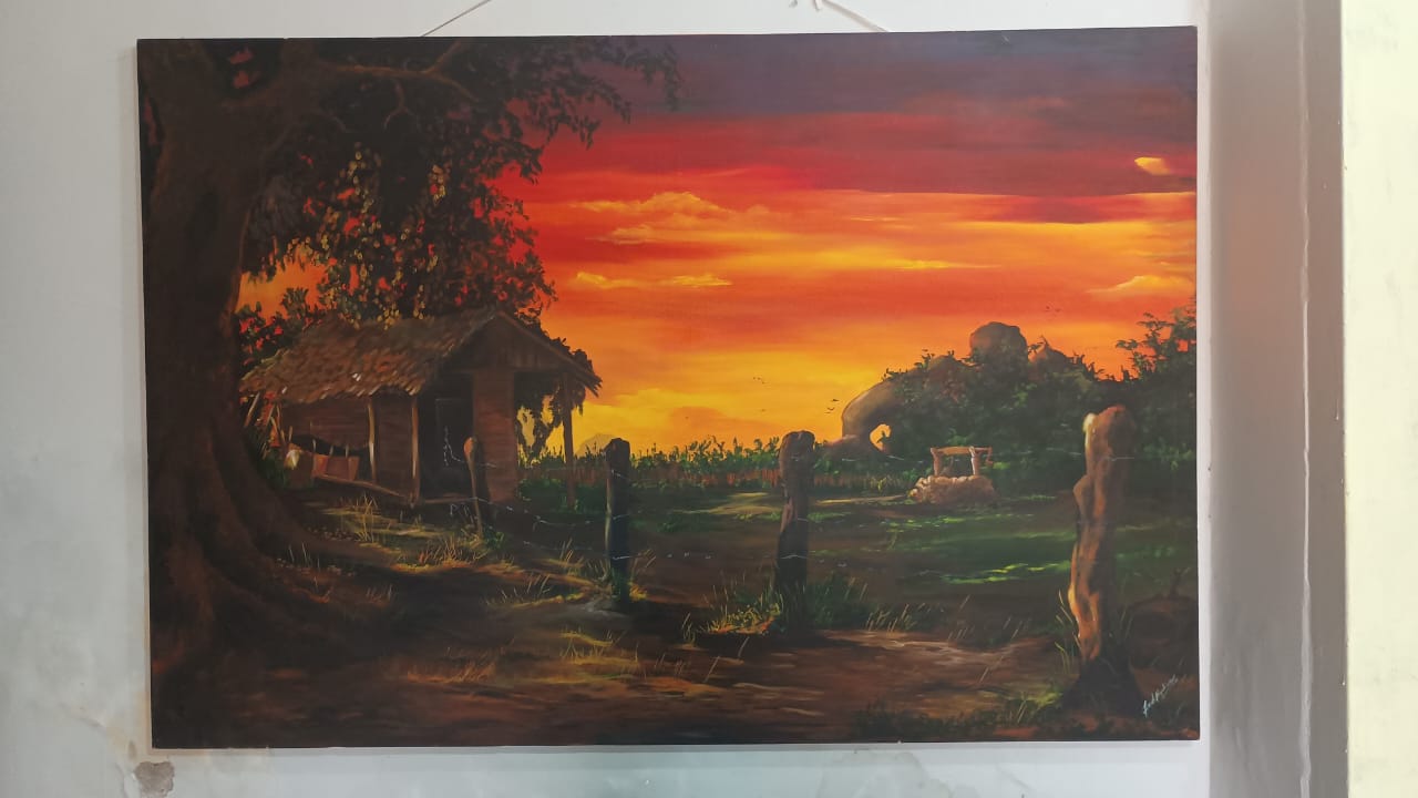 Pintura de Frank Hopkinson: uma paisagem rural sob o céu alaranjado do entardecer.