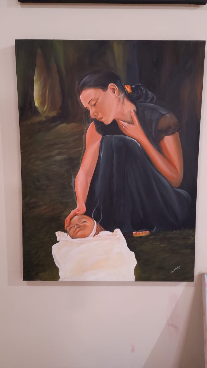 Pintura de uma mulher e uma criança em uma cena de afeto.